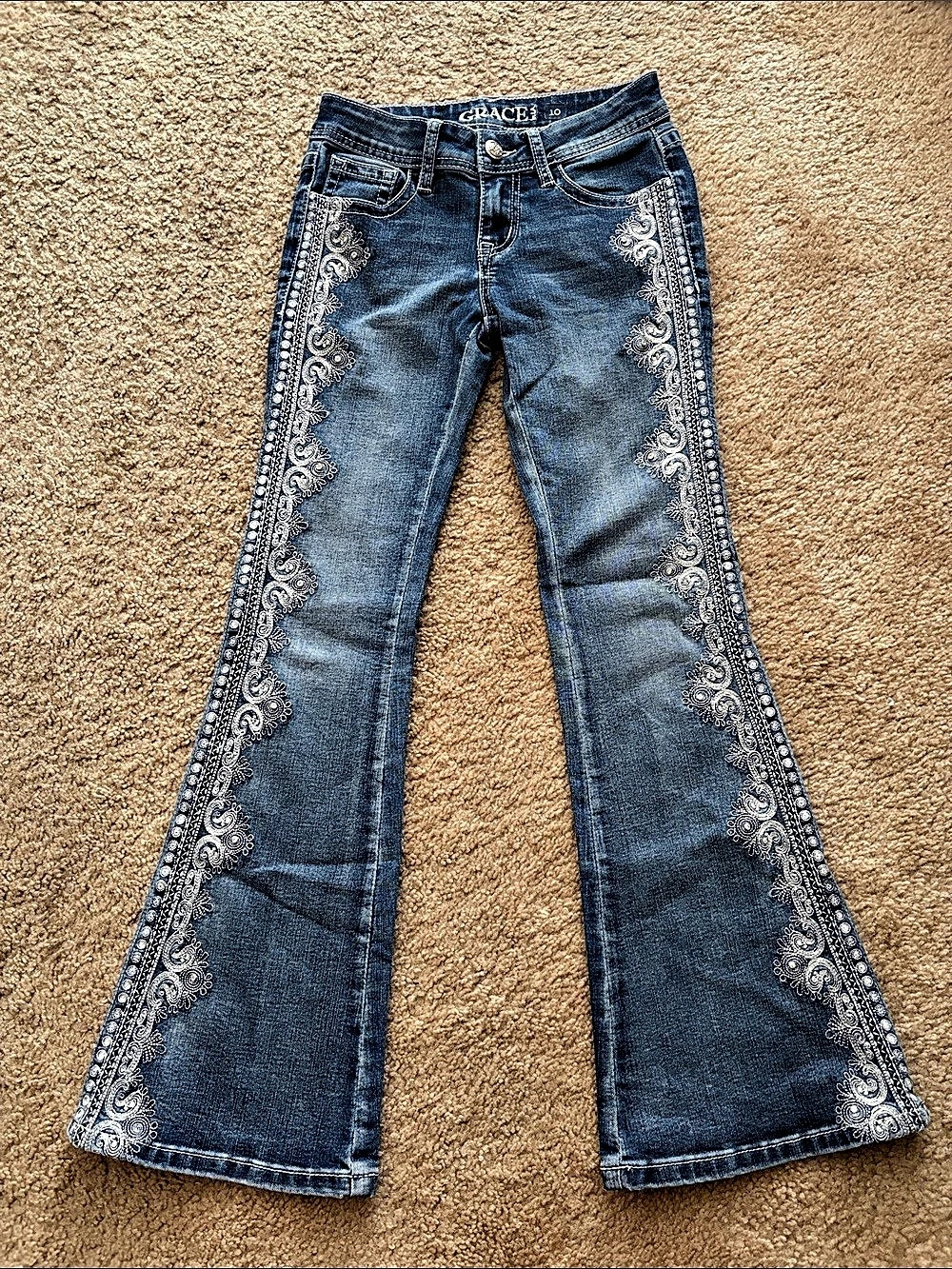 Grace in LA girls Paisley Embroidered Flare Jeans Waist 10